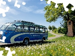 bus, Meadow, chapel, Way