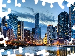 Chicago, USA, skyscrapers, clouds, River