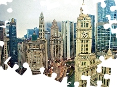 Streets, skyscrapers, Chicago, USA, River, clouds