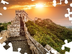 Chinese, wall, Mountains, sun, landscape