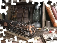 chisel, Lamp, Books, hammer, locomotive