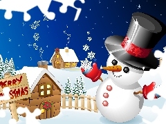 Snowman, Houses, christmas, snow