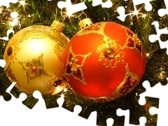 Two, an, Christmas tree, baubles
