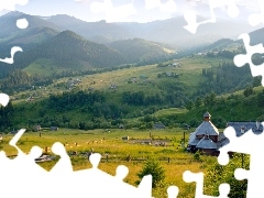 church, autumn, woods, field, Mountains