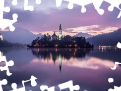 Blejski Otok Island, Church, clouds, Mountains, Great Sunsets, Lake Bled, Slovenia, Julian Alps