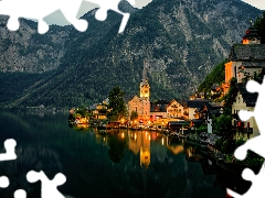 Church, Austria, Houses, Mountains, Hallst?ttersee Lake, Hallstatt