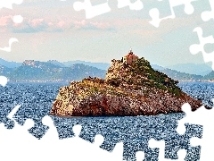 Mountains, Islet, Church, sea