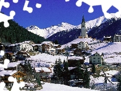 Church, Switzerland, woods, Houses, Mountains