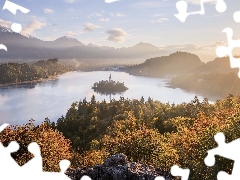 Fog, Lake Bled, autumn, Mountains, Island, Slovenia, Church, Alps, rays of the Sun, Bled Island