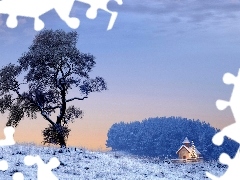 winter, trees, church, snow