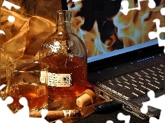 cigar, laptop, Bottle, cognac, A glass