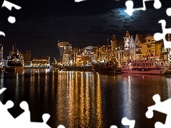 River, vessels, Gdańsk, City at Night, Poland