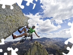 rocks, climbing, clouds, a man