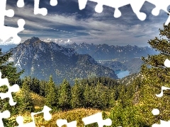 Alps, forest, clouds, lake