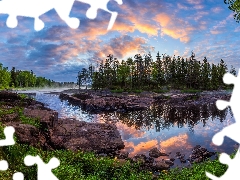 coast, Koiteli Area, Finland, rocks, trees, Kiiminkijoki River, Kiiminki, clouds, Stones, viewes