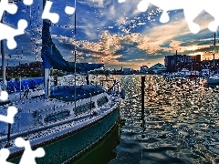 clouds, buildings, Boats, Sky, lake