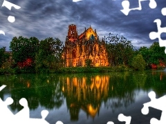 Castle, lake, clouds, fountain