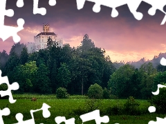 viewes, Trakoscan Castle, dark, trees, Coartia, Sky, clouds