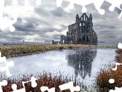 clouds, England, castle, Pond - car, ruins