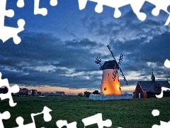 clouds, England, Meadow, village, Windmill