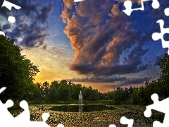 fountain, viewes, clouds, trees