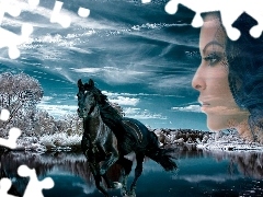 girl, water, clouds, Horse