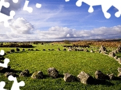 clouds, Stones, grass