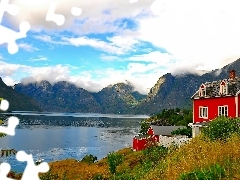 house, Mountains, clouds, lake