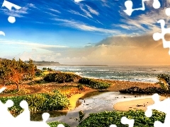 viewes, sea, clouds, inflow, Sky, trees