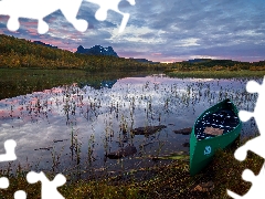 Mountains, clouds, Kayak, grass, lake