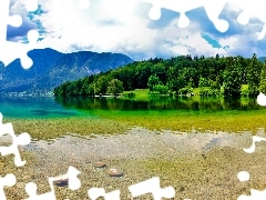 lake, Mountains, clouds, woods