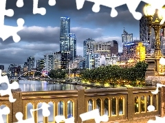 clouds, light, bridge, skyscrapers, River