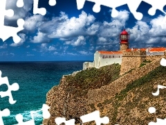 Lighthouse, Rocks, clouds, maritime