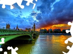 clouds, bridge, London, England, Great Sunsets, River
