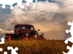 clouds, Pickup, Meadow