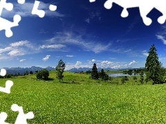 medows, River, clouds, Mountains