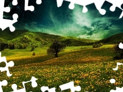 clouds, Meadow, Mountains