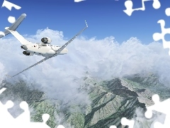 clouds, plane, Mountains