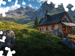 Church, Switzerland, viewes, clouds, trees, Mountains