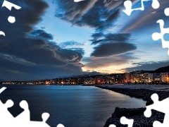 clouds, Night, Town, Coast, illuminated