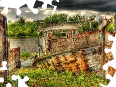 Old, River, clouds, Boat