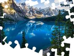 trees, Alberta, Mountains, clouds, Lake Moraine, Canada, Banff National Park, reflection, viewes, forest