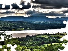 clouds, Mountains, River