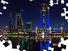 skyscrapers, Town, River, night, Brisbane, clouds, Australia