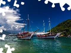 sailboats, Mountains, clouds, sea