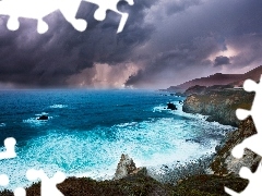 sea, cliff, clouds, rocks