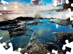 sea, rocks, clouds, Waves