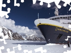 Ship, Mountains, clouds, sea