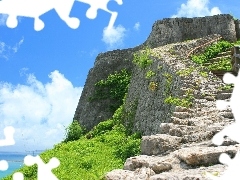 clouds, Sky, Stairs, grass, sea