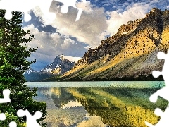 clouds, spruce, Mountains, lake, beatyfull